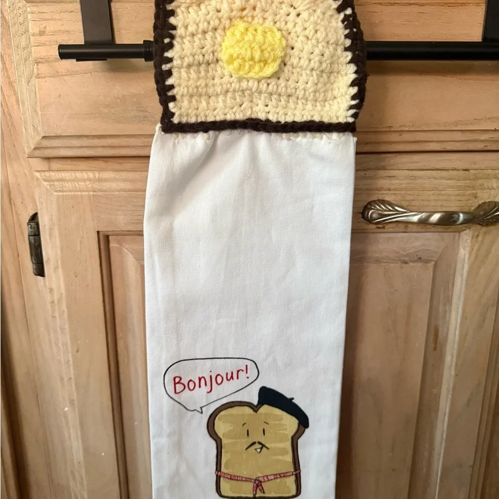 Handmade Crochet Bread & Butter Hanging Kitchen Towel - French Toast 